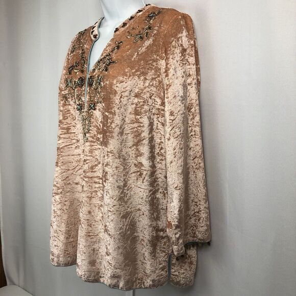 Soft Surroundings Moroccan Beaded Tunic Top Crushed Velvet Blush Pink Petite Med - Picture 2 of 13